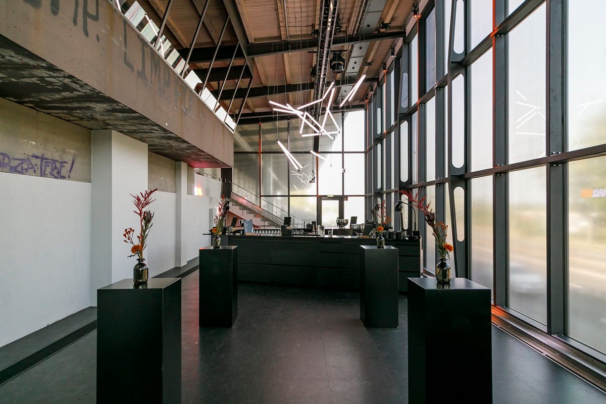 Stylishly designed bar area at AVUS Tribüne, set up for an event